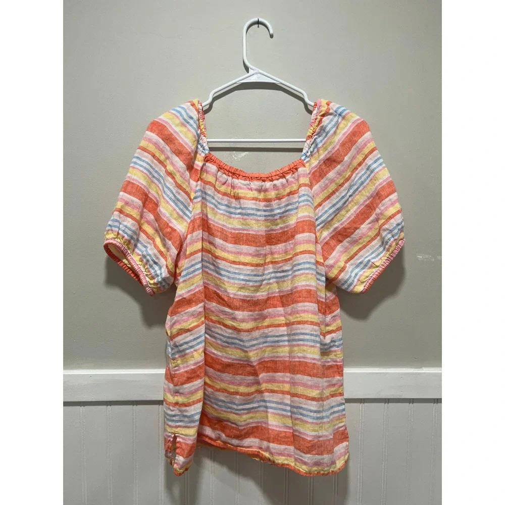 Talbots Puffy Short Sleeve Blouse Stripes Linen Multi-colored Women Size Large - Picture 5 of 5
